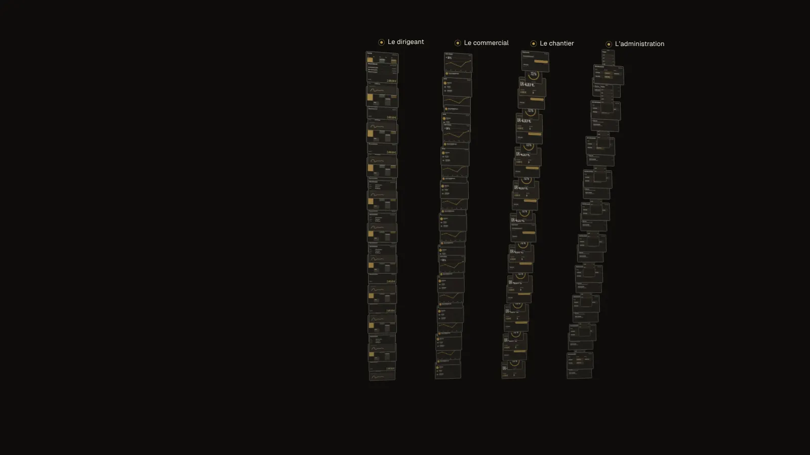 Les fragments se rangent en quatre colonnes, une par métier.